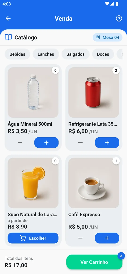 Catálogo de produtos do Soften GO, com foto, preço unitário e botões de quantidade