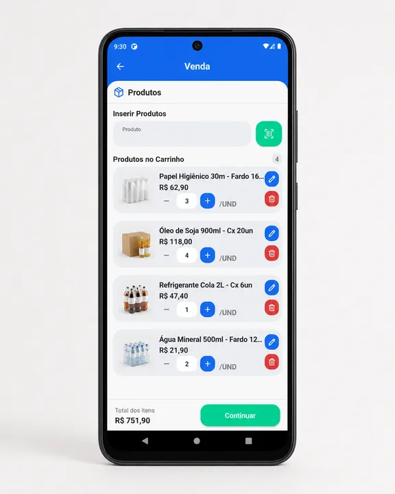 Celular com o Soften GO na tela de venda, com produtos no carrinho