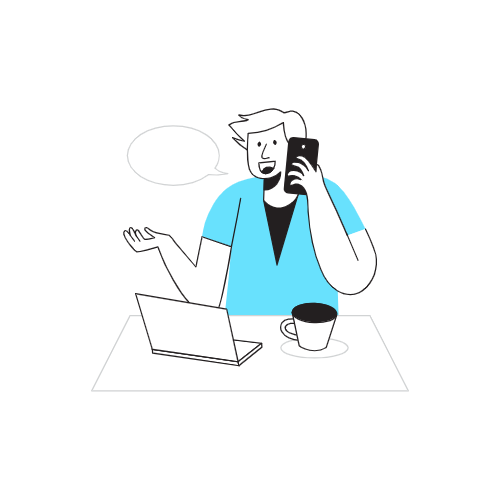 desenho de uma pessoa falando ao telefone com um notebook mostrando um sistema de gestao empresarial