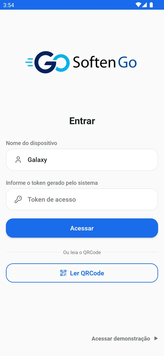 Tela de login do Soften GO, com campo de token de acesso e opção de ler QR Code