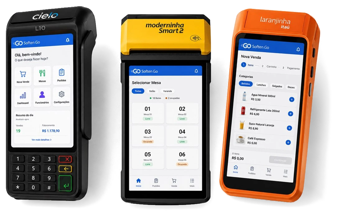Soften GO rodando em três maquininhas: Cielo LIO, Moderninha Smart 2 e Laranjinha do Itaú