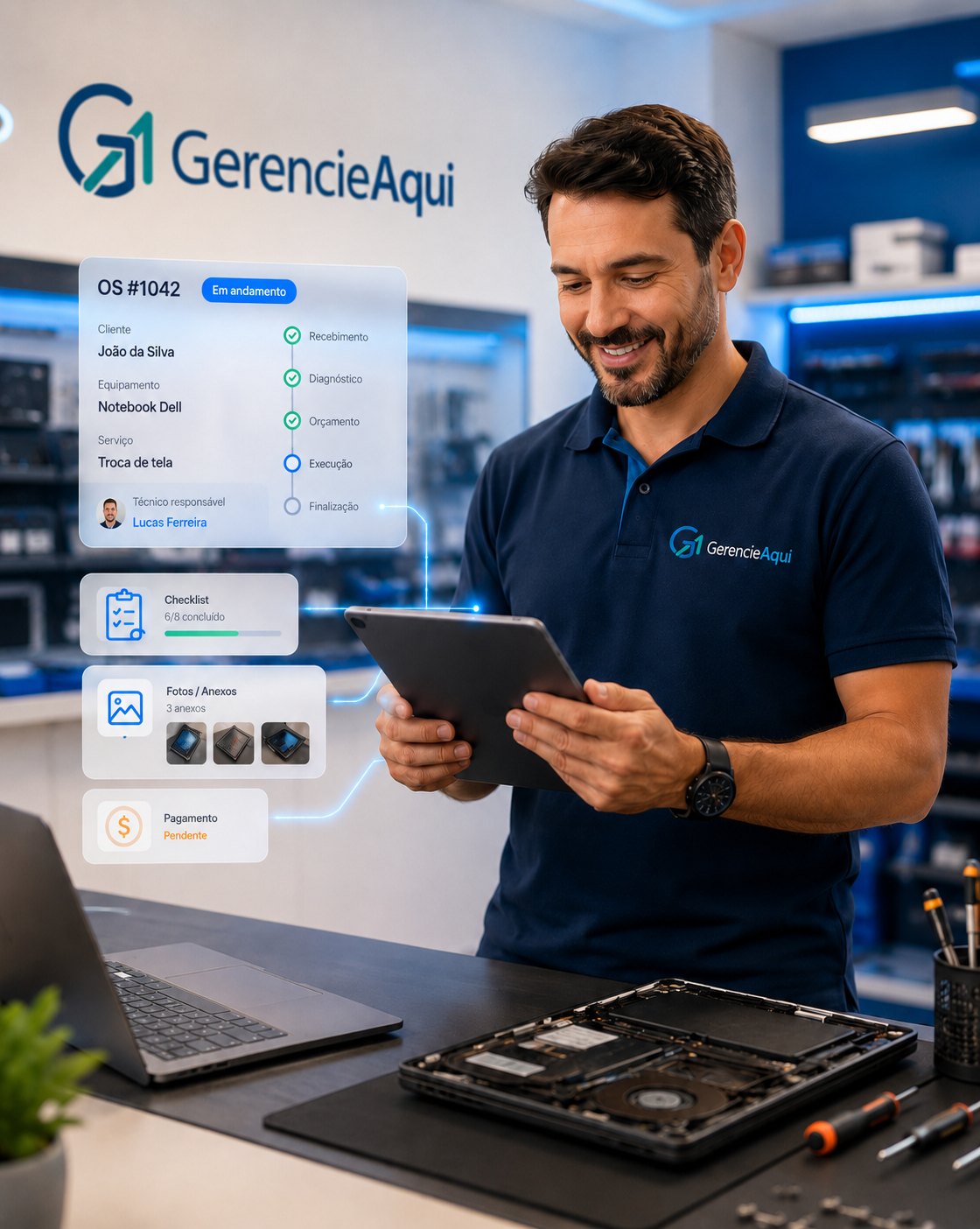 Técnico da Soften consultando a ordem de serviço nº 1042 no tablet, com o andamento do atendimento — recebimento, diagnóstico, orçamento, execução e finalização — checklist, anexos e situação do pagamento