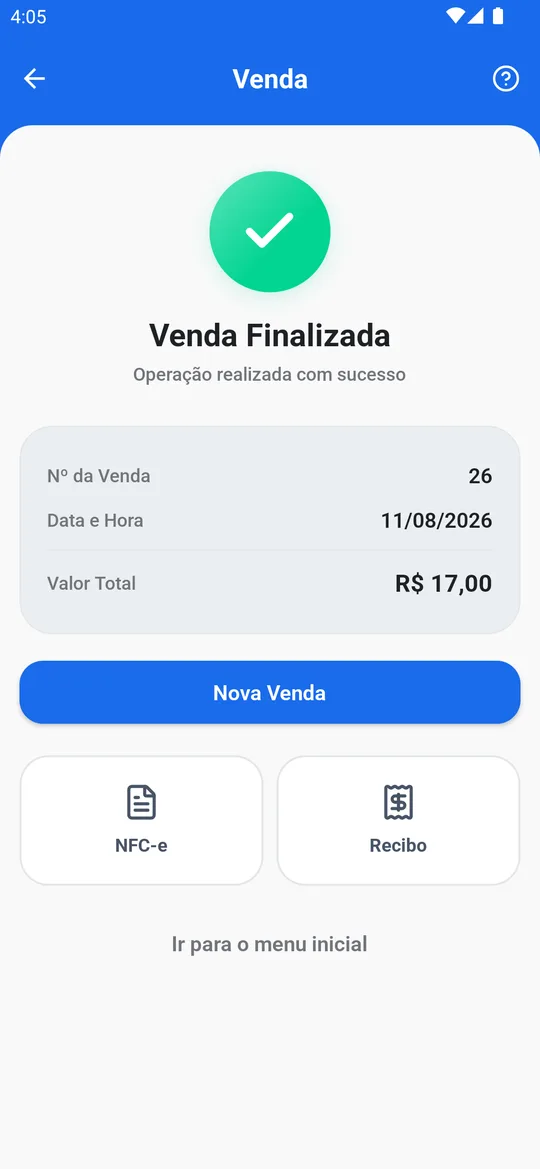 Tela de venda finalizada no Soften GO, com número da venda, valor total e opções de NFC-e e recibo